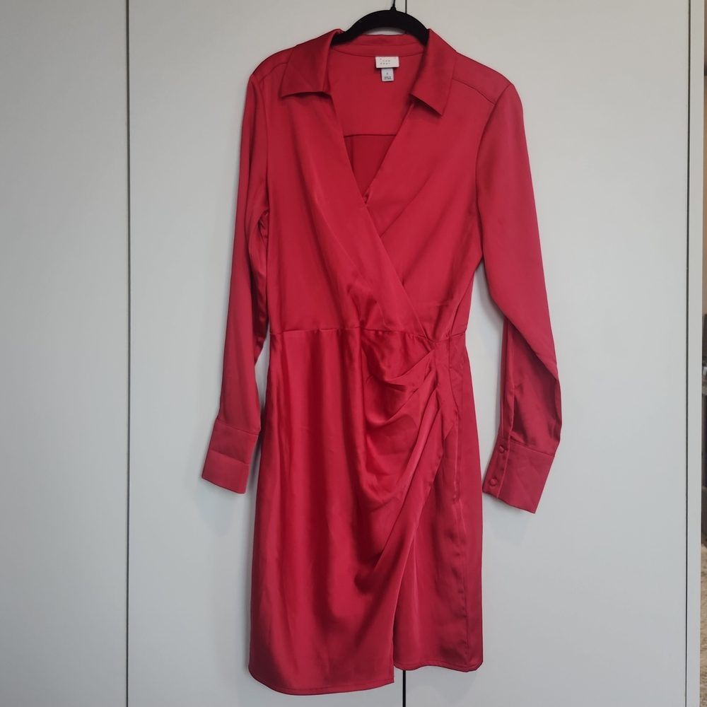 Long Sleeve Satin Shirtdress - A New Day Red S